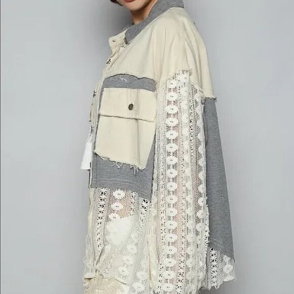 059 Pol Crochet Mixed Fabric Lace Grey/Creme Shacket Jacket NEW Size Small - Picture 4 of 4